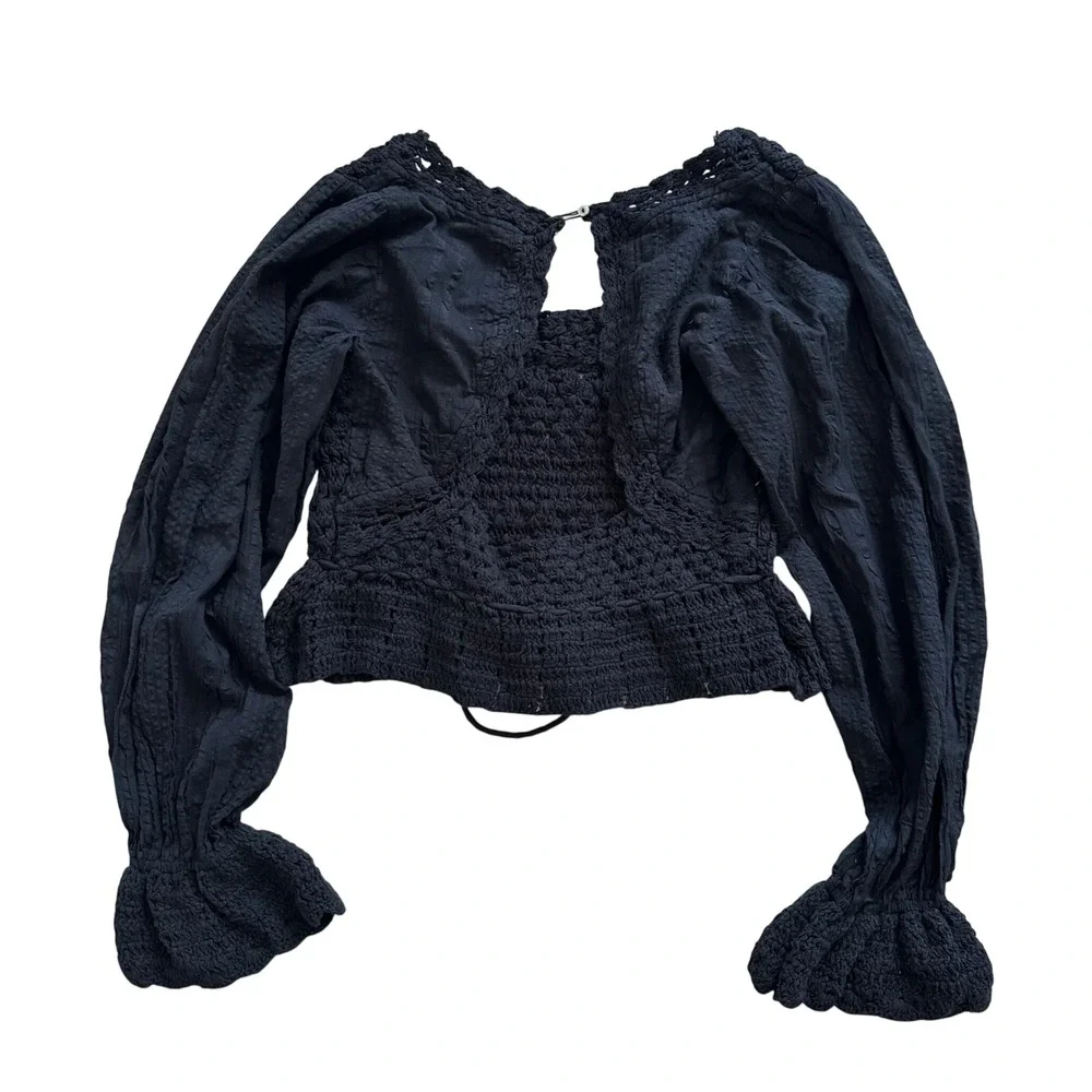 Free People Black Crochet Peplum Crop Top Long Sleeve OB1486571 XS NEW
